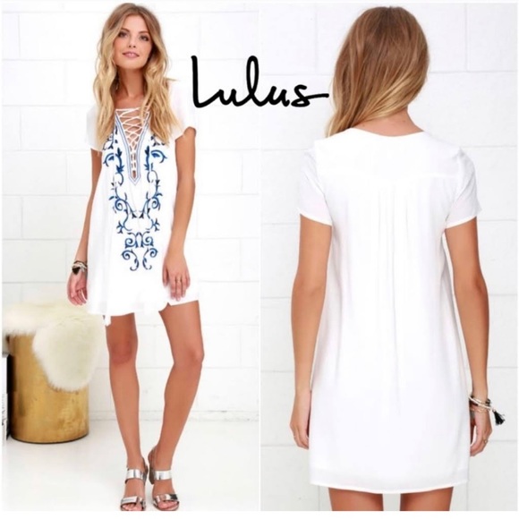 Lulu’s Down in Kokomo Ivory Floral Embroidered Shift Lace-up Dress, Size M, EUC - Picture 2 of 9